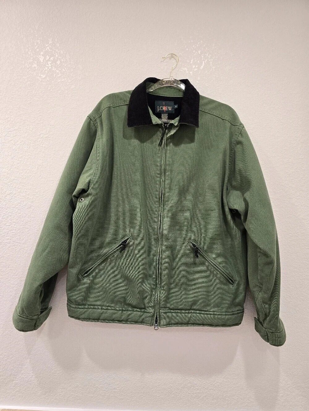 vintage green J.Crew 90's canvas work jacket with a black corduroy collar M